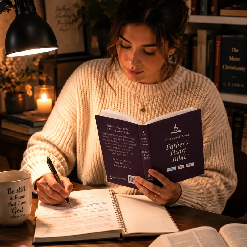 A woman studying the Divine Voice™ Color edition of the Father's Heart Bible™ with her notes