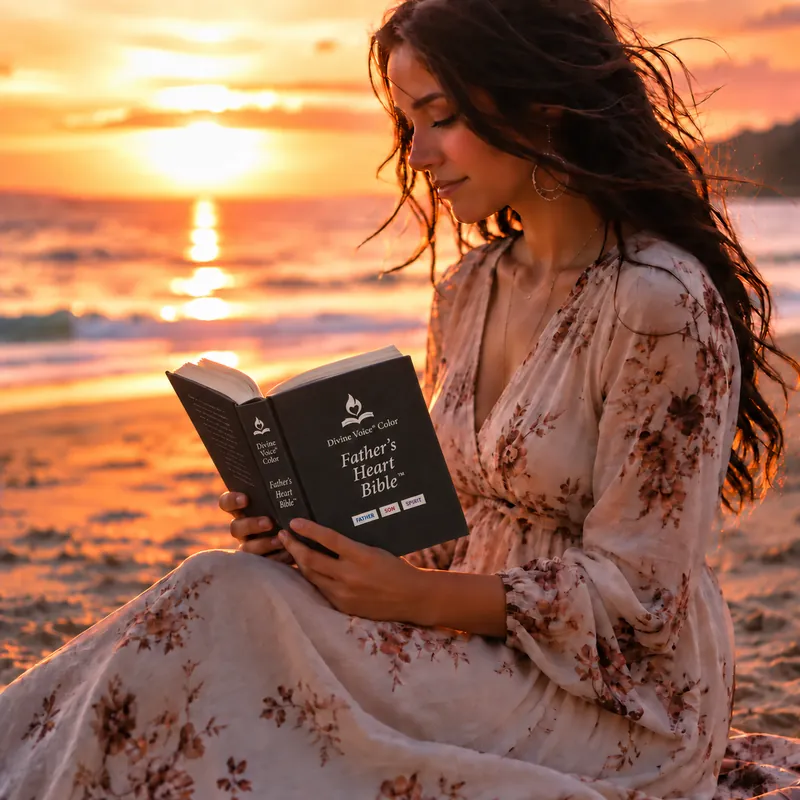 A woman reading the Divine Voice™ Color edition of the Father's Heart Bible™ on a beach at sunset