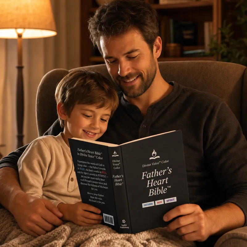 A father and son reading the Charcoal edition of the Father's Heart Bible