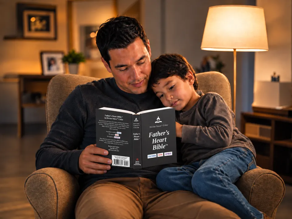 A father in an armchair reading the Father's Heart Bible with his young son resting against his shoulder