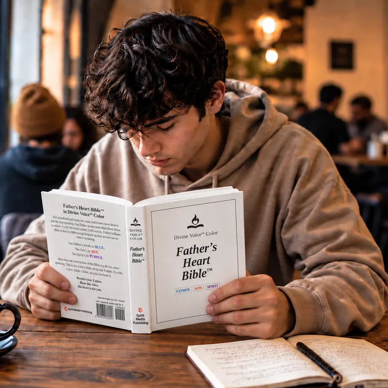 A young man reading the Divine Voice Color edition of the Father's Heart Bible (FHB) in a coffee shop