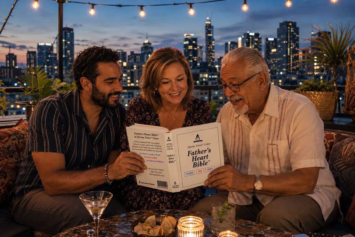 Three friends on a city rooftop at dusk, reading the Divine Voice Color edition of the Father's Heart Bible together