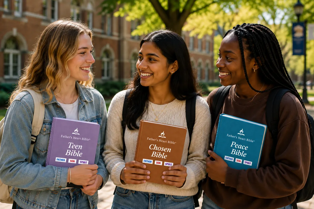 Three college students on campus, smiling at each other and holding the Teen, Chosen and Peace editions of the Father's Heart Bible