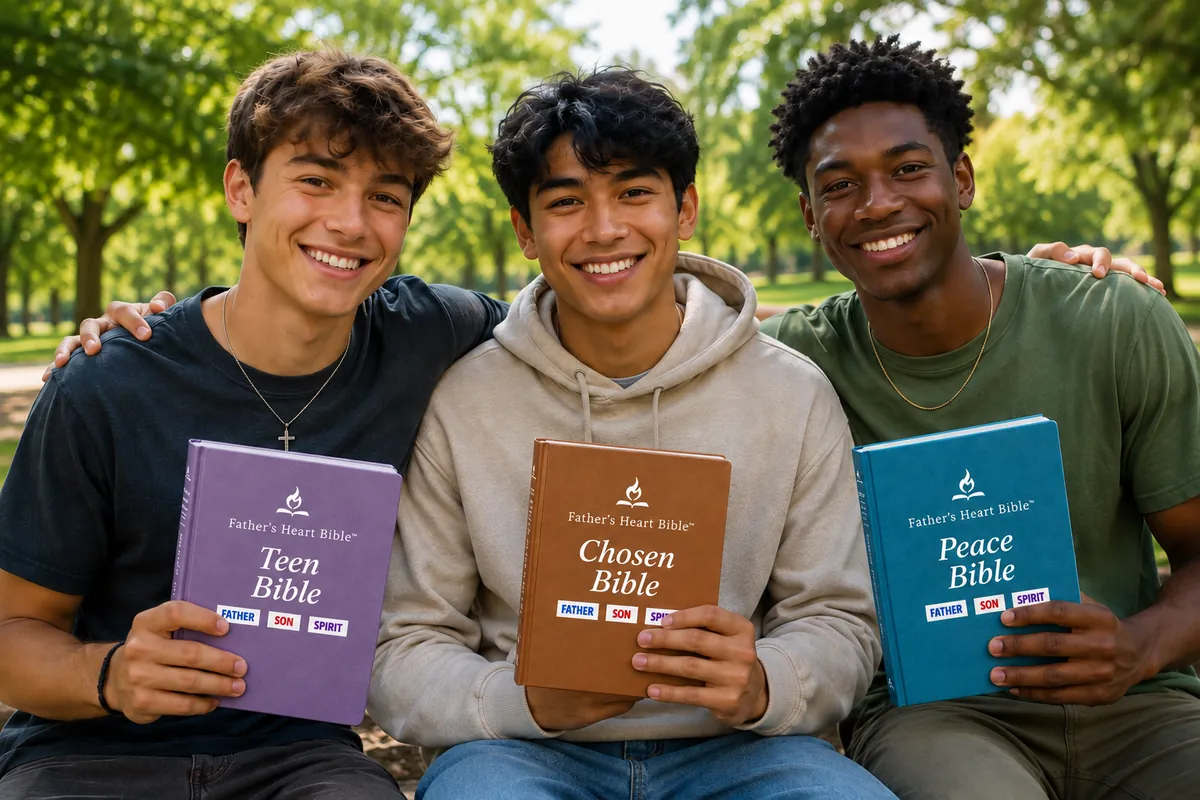 Three smiling young men in a park, arms around each other, holding the Teen, Chosen and Peace editions of the Father's Heart Bible