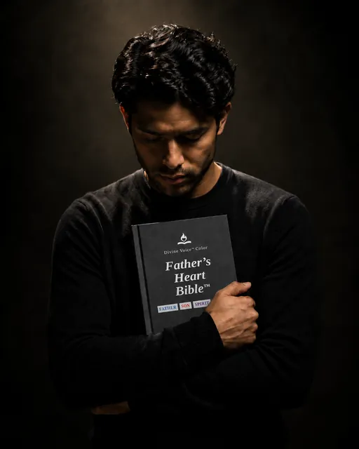 A man holding the Father's Heart Bible (FHB) print edition close to his chest, head bowed
